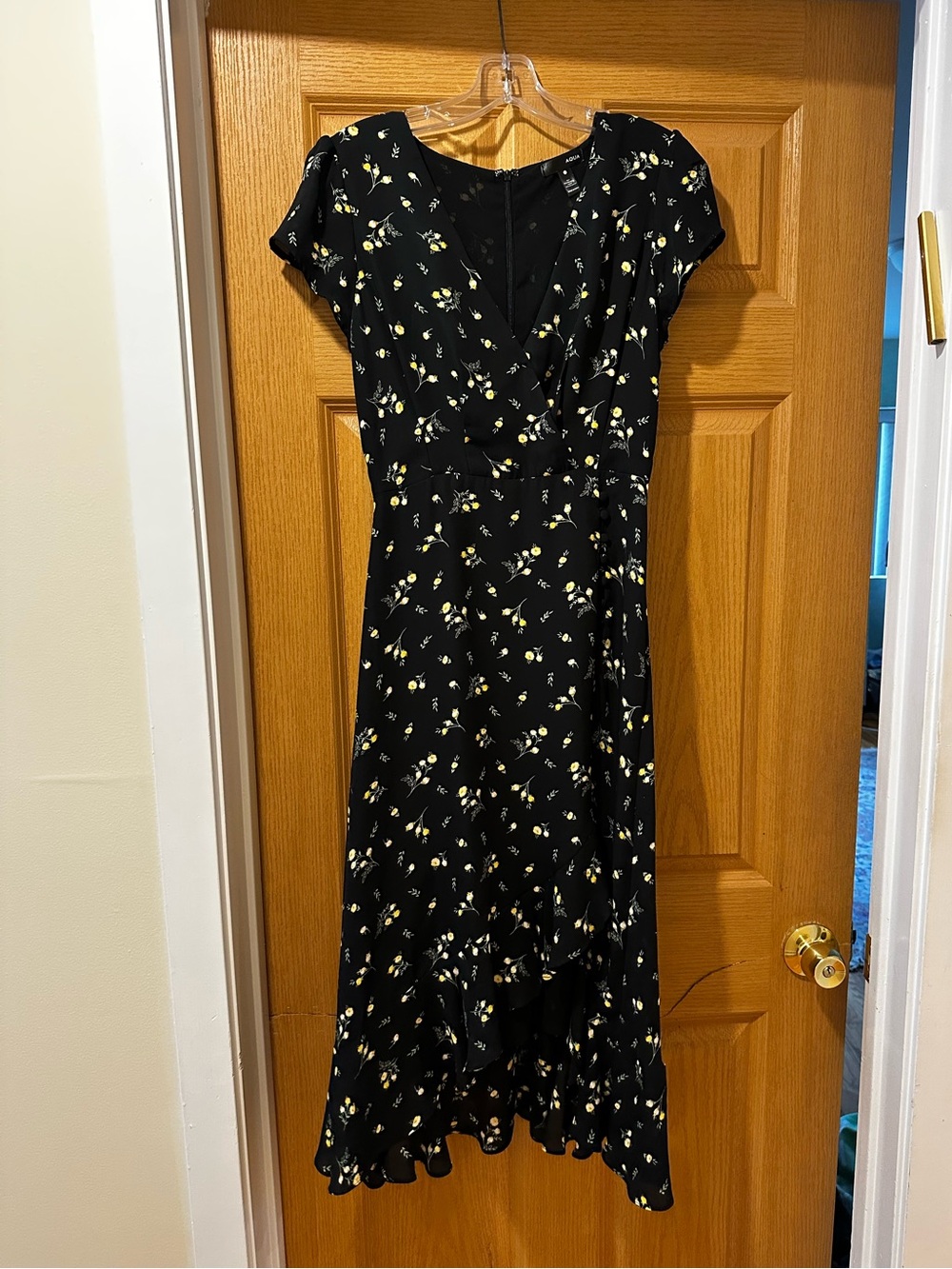 Aqua Black Floral Wrap-Style Midi Dress with Yellow Accents